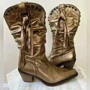 Gold Leather studded Cowboy Boots with wooden Heel